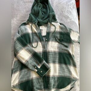 American Eagle Green Flannel Hooded Shirt